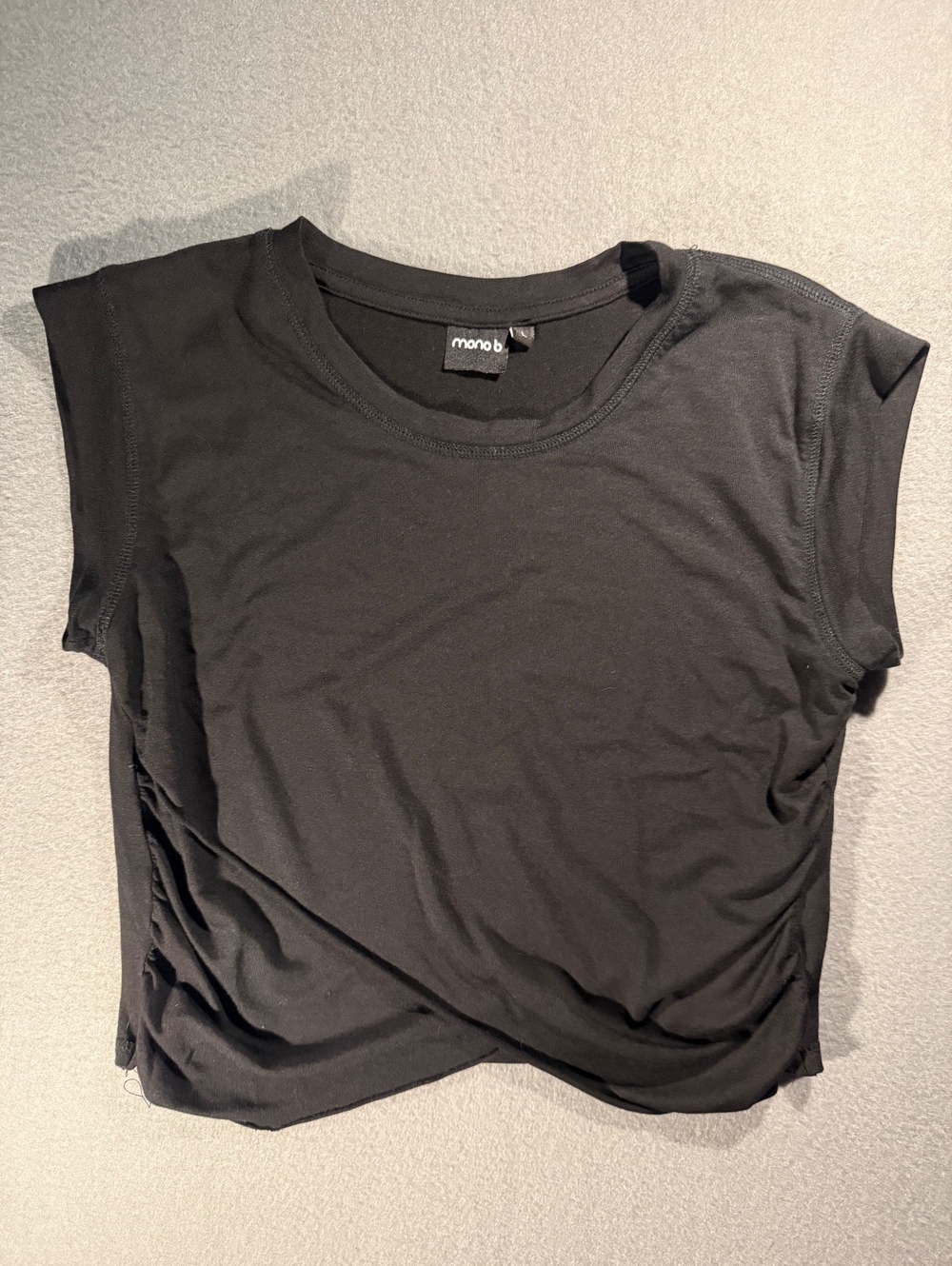 Mono B Black Short Sleeve T-Shirt with Side Ruching, Size Large